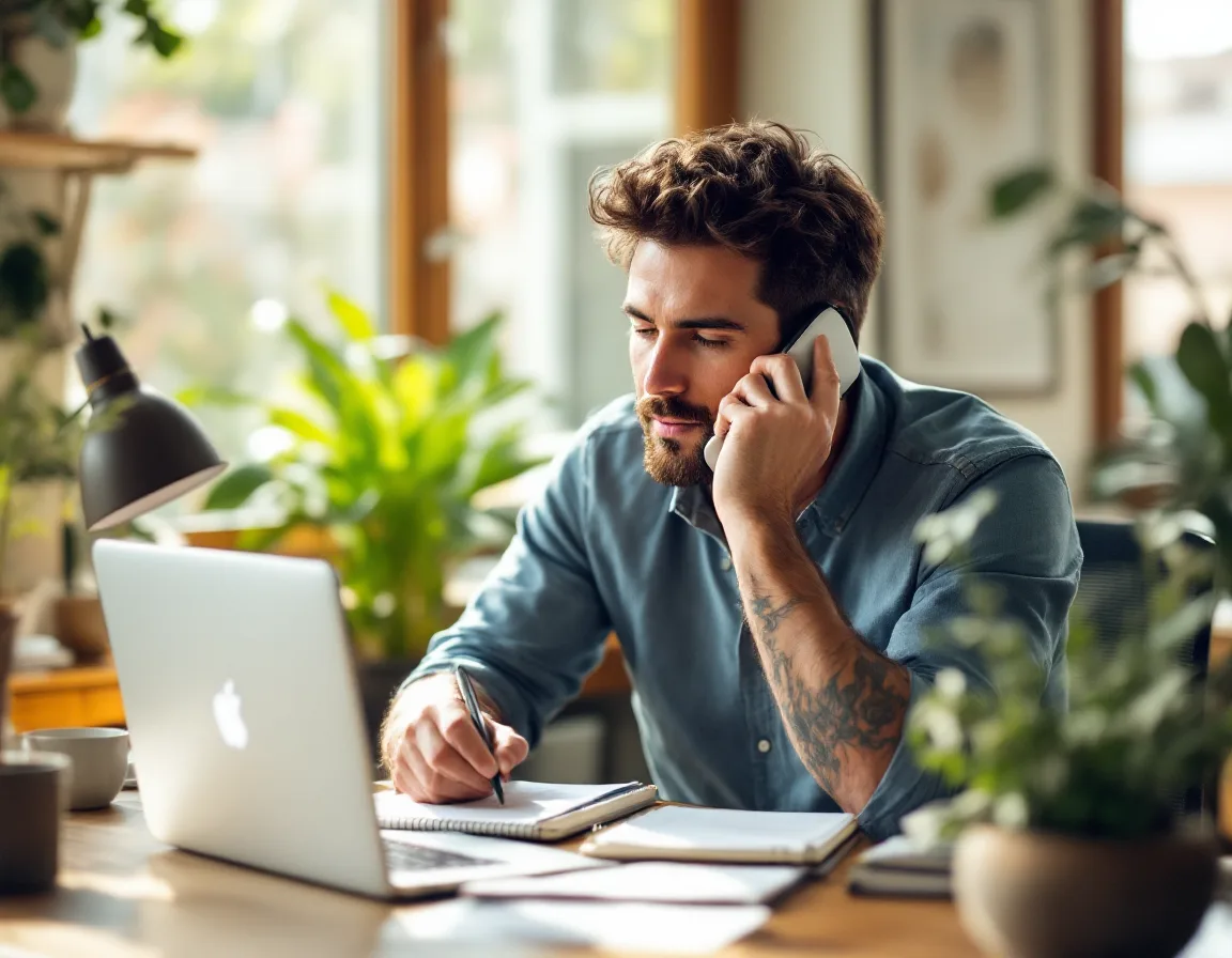 An Anvil Talent recruiter taking a call at a bright Los Angeles desk